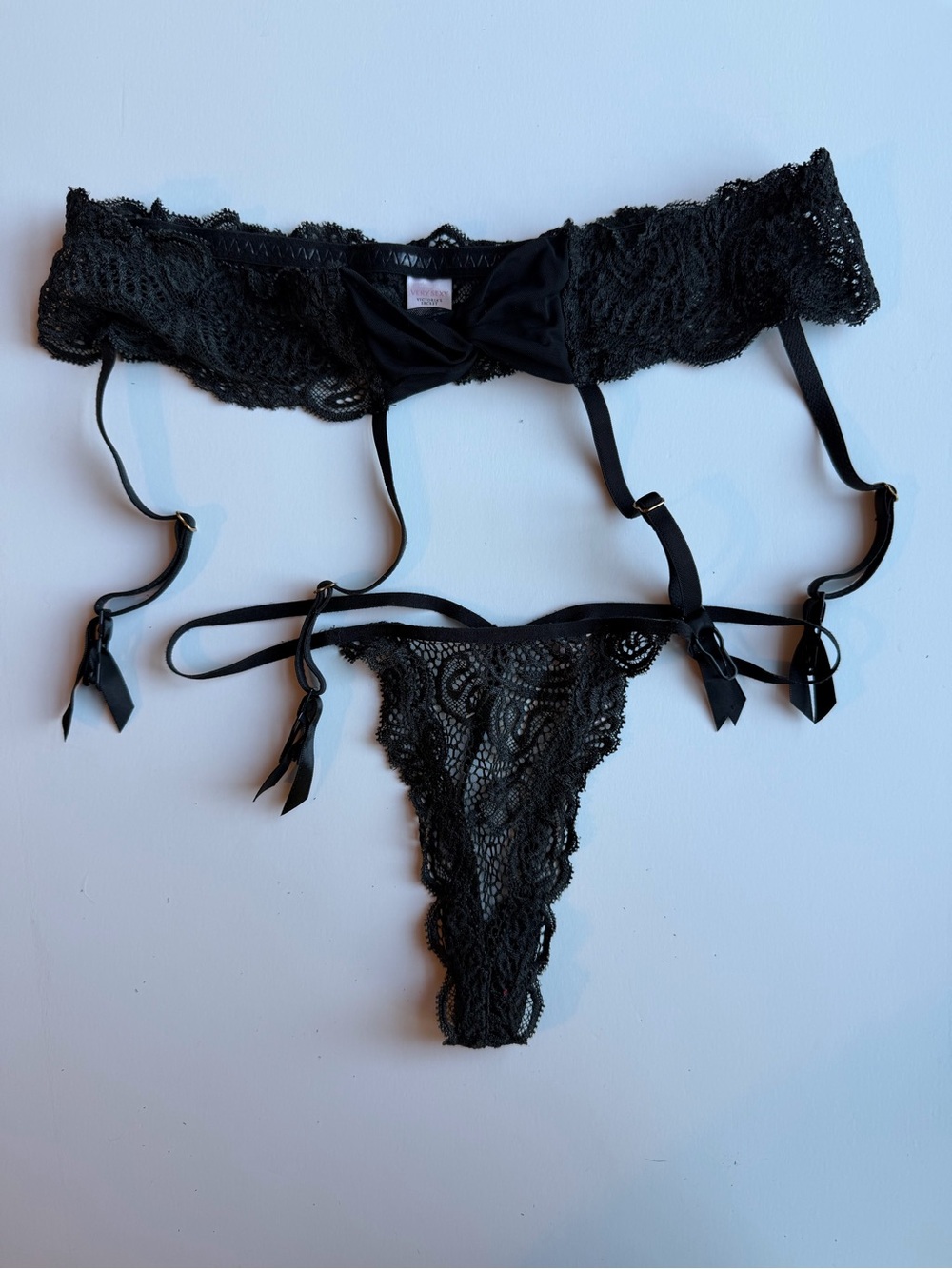 Victoria's Secret Black Lace Garter Thong Set